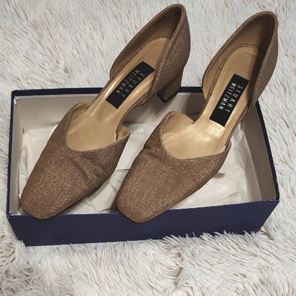 Y2K Vintage Stuart Weitzman Elegant Linen D'Orsay Pumps Tan Low-Heel 90s 7½N